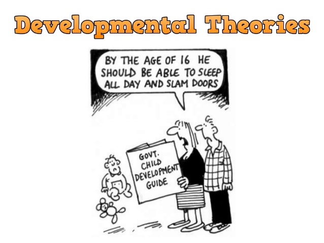 a mom reading a development guide says "by the age of 16 he'll sleep all day and slam doors" a mom reading a development guide says "by the age of 16 he'll sleep all day and slam doors"