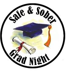 Mortarboard and rolled diploma and text Safe and Sober Grad Night inside circle