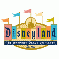 Vintage Disneyland Sign saying The Happiest Place on Earth with 5 multicolor flags